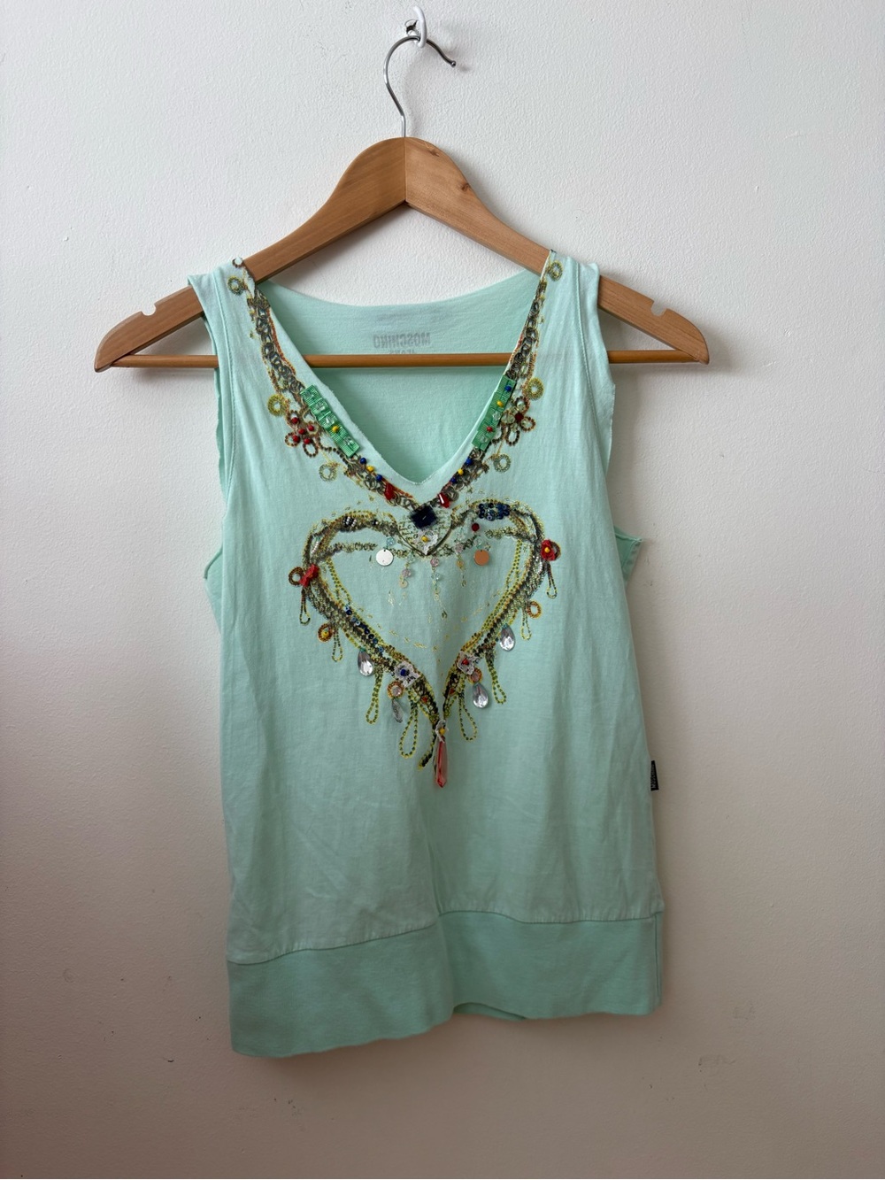 Moschino Mint Green Embellished V-Neck Tank Top